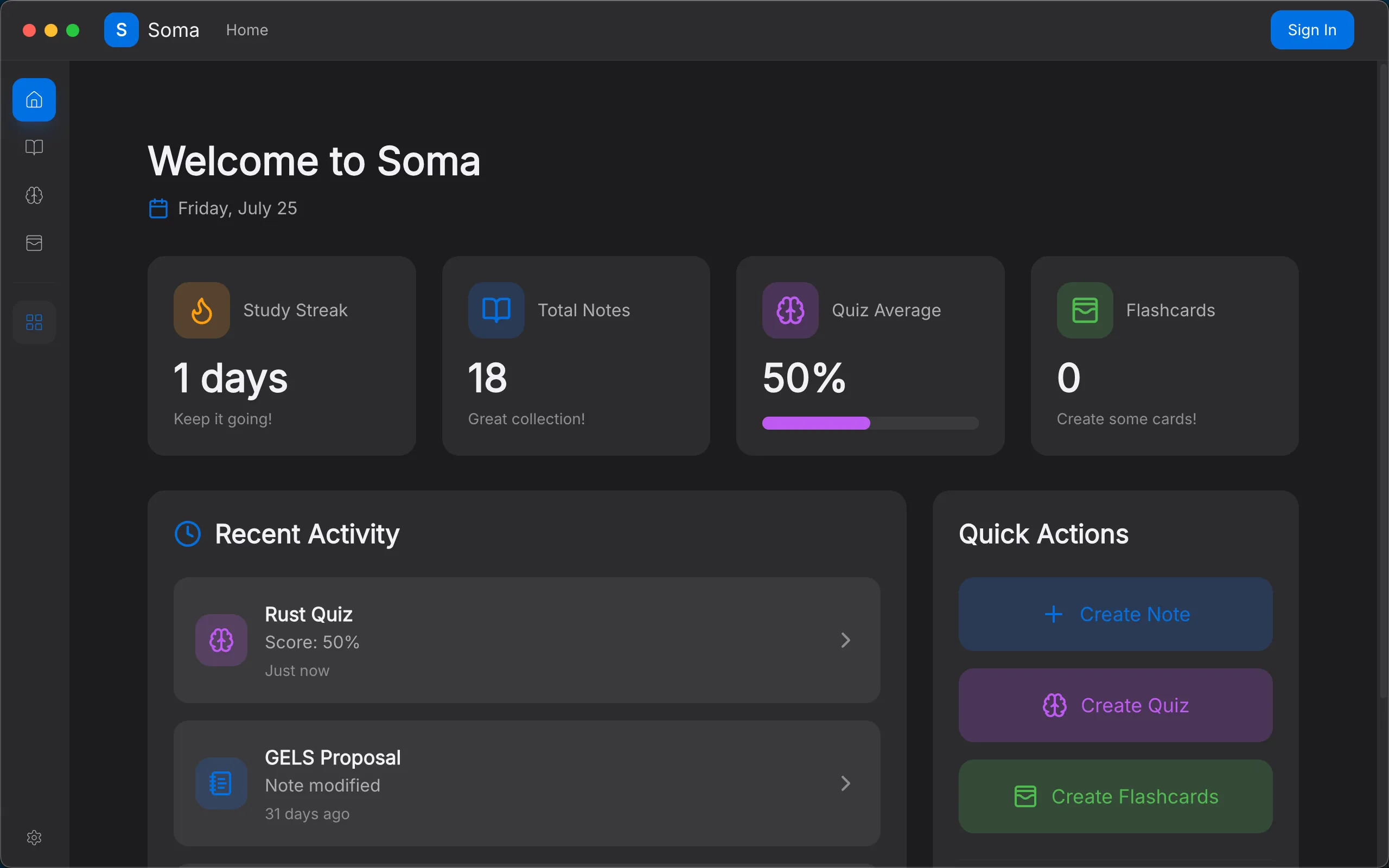 Soma's home screen: study streak, total notes, quiz average and flashcard count, with recent activity and quick actions below.